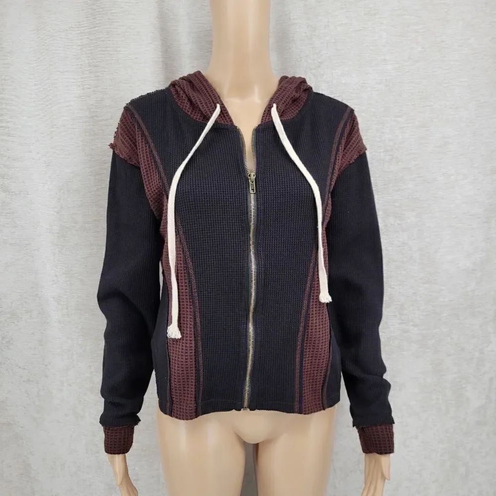 POL Brown and Black Waffle Knit Full Zip Hooded Jacket Sweatshirt Women's Small